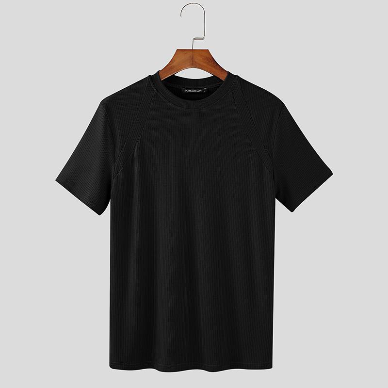 INCERUN Summer Men O Neck Short Sleeve Rib Casual Fitted T-shirts Tee Tops