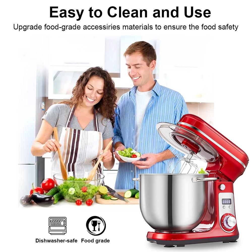 Biolomix Stand Mixer, 1200W DC Quiet Motor 6L Stainless Steel Bowl, 6+Pulse Speeds Electric Kitchen Mixer with LCD Timer, Dough Hook, Beater, Whisk