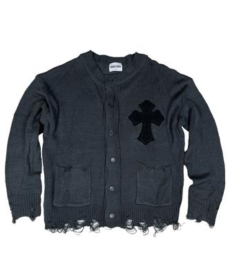 Sk8Er Rock Classic Cross Destroyed Knit Cardigan ((Dark Gray))
