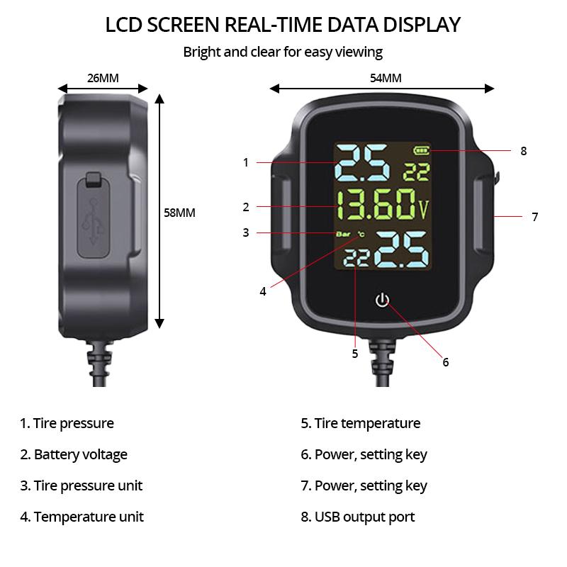 E-ACE Motorcycle TPMS Tire Pressure Monitoring System Temperature Alarm LCD Colorful Display Moto Tyre Alarm Systems