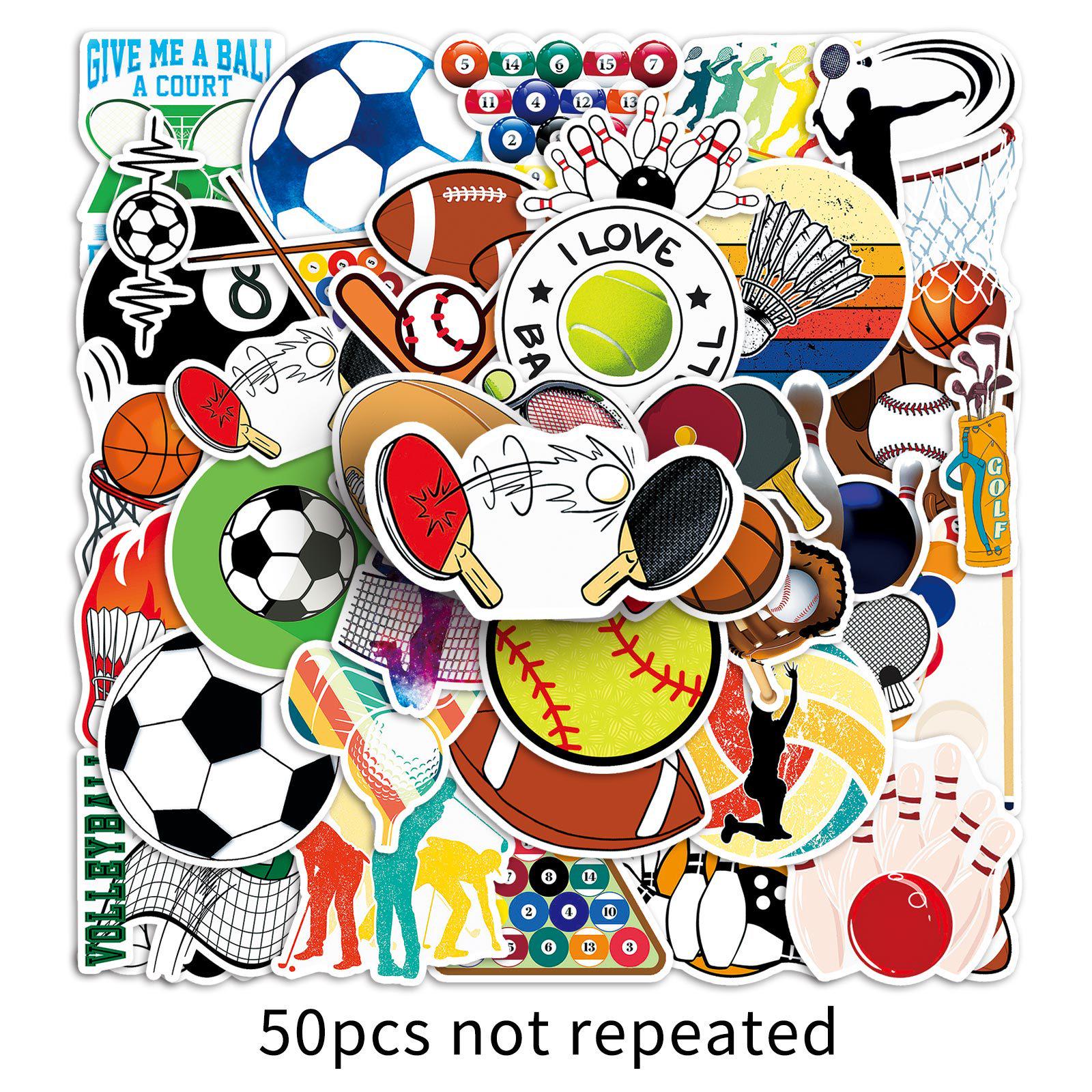 

50 Sheets Cartoon Sports Stickers - Ball Sports Equipment, Graffiti, Waterproof Epoxy, for Journals and Cars