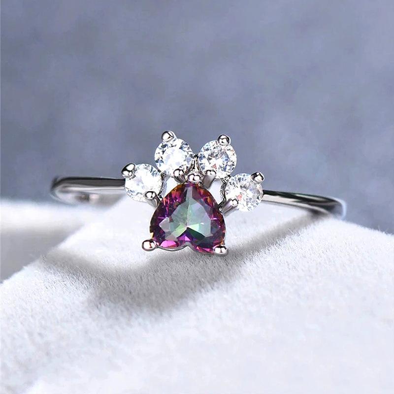 Cute Silver Color Cat Claw Zircon Ring Ladies Adjustable Ring for Ladies Party Birthday Female Rings with Colorful Love Cz