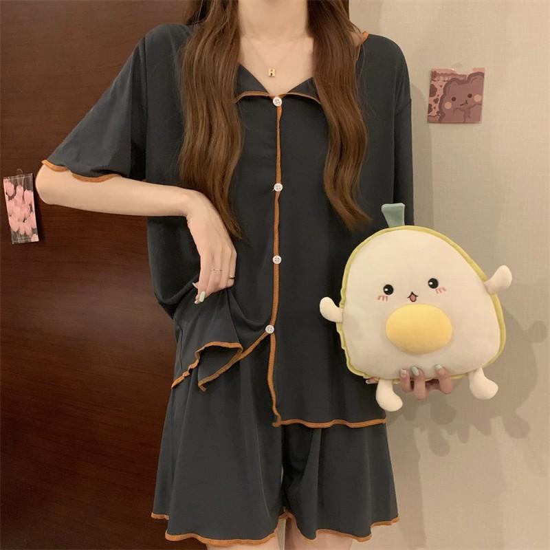 Short-Sleeved Pajamas Female Suit Korean Version of The Thin Fake Cardigan Lapel Buttons Simple Ice Silk Home Wear