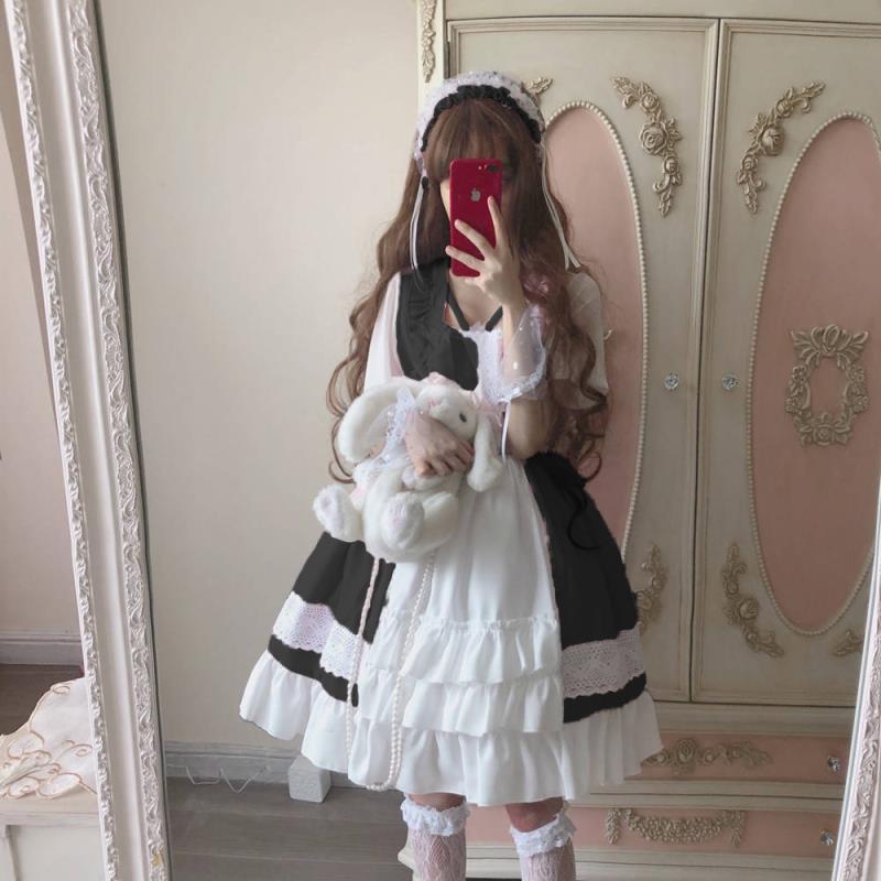 Alice In Wondeland Cute Women Lolita OP Dress Flouncing Lace Trim Japanese Harajuku Long Sleeves Doll Teen Dress Fairy Vestidos