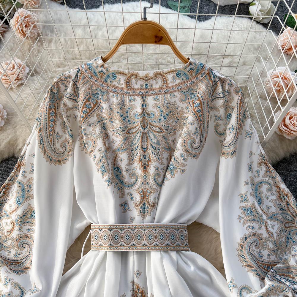 Französisches Vintage-Kleid mit V-Ausschnitt, Falten, Gürteldruck, lange Laternenärmel, einreihig, lässig, kurze Kleider für Damen im Herbst