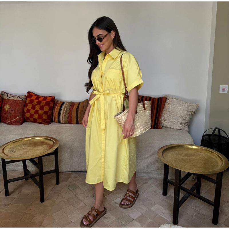 Casual Women's Lace Up Dress Single-Breasted Turn-Down Collar Short Sleeve Lady Dresses Loose Female Robe