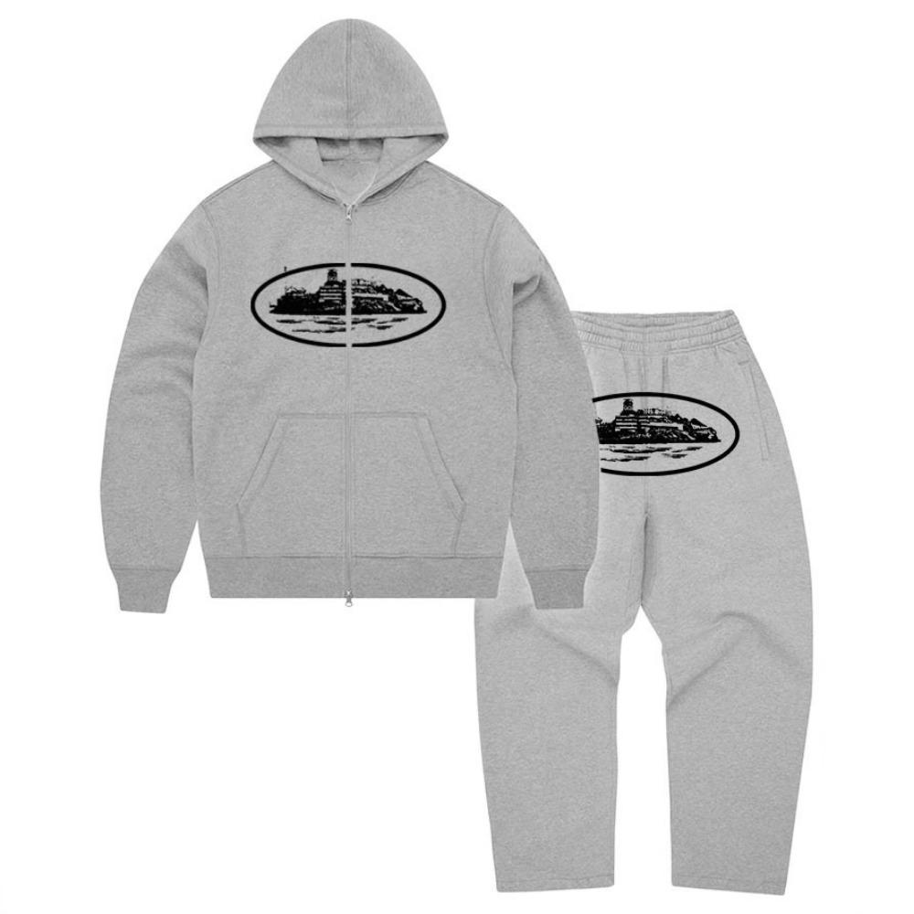 Conjunto Esportivo Corteiz Devil's Island Masculino e Feminino Novo Americano High Street Casual Tendência Top com Zíper Calça Reta S