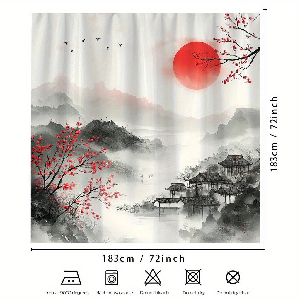 Chinese Style Ink Painting Shower Curtain - Digital Print, Waterproof Polyester, Machine Washable, All-Season Bathroom Decor