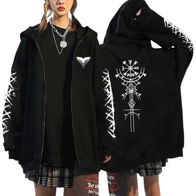 Modische Schwarze Hoodies, Übergroßes Damen-Kapuzenpullover, Winter, Warm, Wikinger-Raben-Design, Reißverschlussjacke, Lässig, Y2K-Streetwear