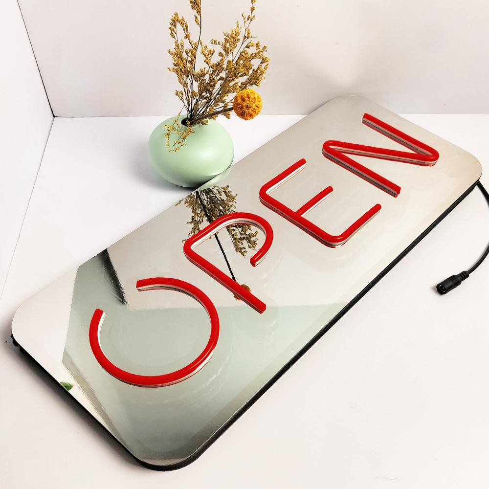 3D Mirror Neon Open Sign 48x20cm Double-Sided LED Light for Pizza Coffee Bar Store - Colorful Background Infinite Tunnel Light