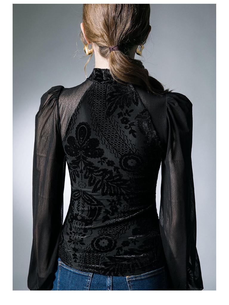 Retro European-Chinese Mesh Lantern Sleeve Blouse: Trendy Autumn Slim Fit