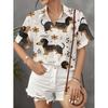 Women Casual Short Sleeve Shirt Dachshund Floral Cluster Cute Playful Button Up Top Machine Washable Fashionable