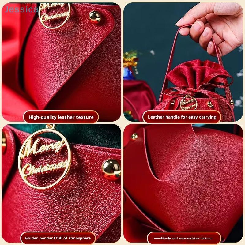 Red Leatherette Gift Bag with Gold Ornaments,Festive Gift Containers for Holiday Candies & Small Presents