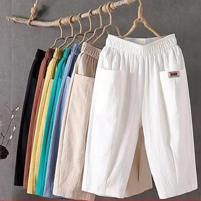 Solid Color Women's Casual Pants Women Summer Cotton Hemp Cropped Pants Mid-rise Elastic Waistband Wide Leg Casual Pants