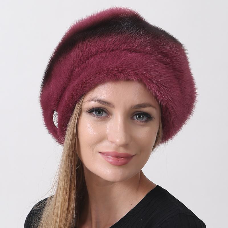 Winter Hat for Women Berets Real Mink Fur Furry Russian Hat