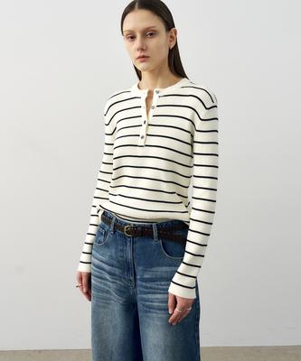 NOIRER PER DONNA Maglia a coste con scollo Henley in cotone (Nero Avorio)