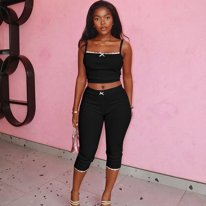 

European and American Women s Clothing 2025 Summer New Fashion Lace Lace Spaghetti-Strap Tops Silm Shorts Suit Black XS