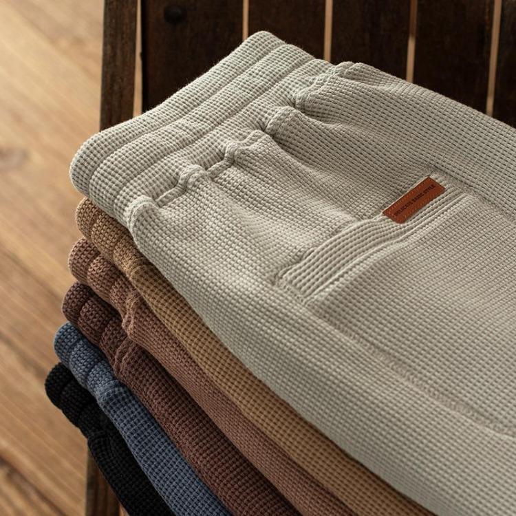 Men's Solid Color Cotton Casual Wear Elastic Waist Spring Summer Sport Capris Shorts Pants Waffler Overalls Pocket Drying Quick