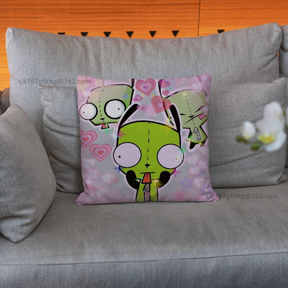 Green Invader ZIM Pillow Case Square Double-Sided Printing Short Plush Sofa Cushion Cover Bedroom Bedside Pillow