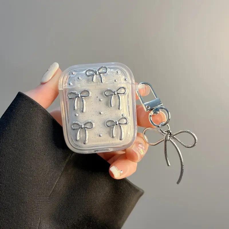 Applicable Airpods 1 /2 Generation Earphone Protective Case Cover Airpodspro3 Generation Silver Bead Creative Women'S Bow