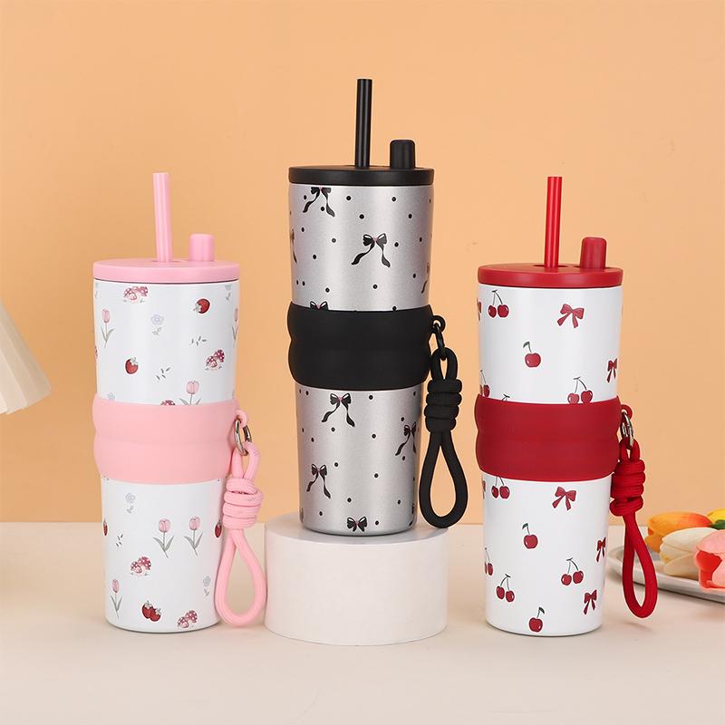 710Ml Large Capacity Car Thermos Mug Stainless Steel Vacuum Flask With Retractable Straw Leak-Proof Coffee Tea Cold Drink Bottle