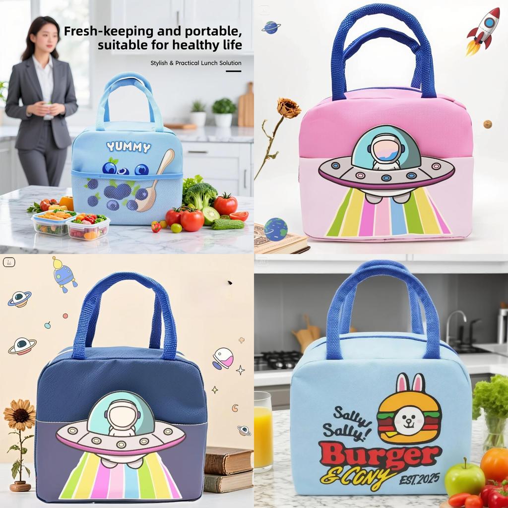 Astronaut Pattern Strawberry Cartoon Waterproof Portable Insulated Lunch Bag