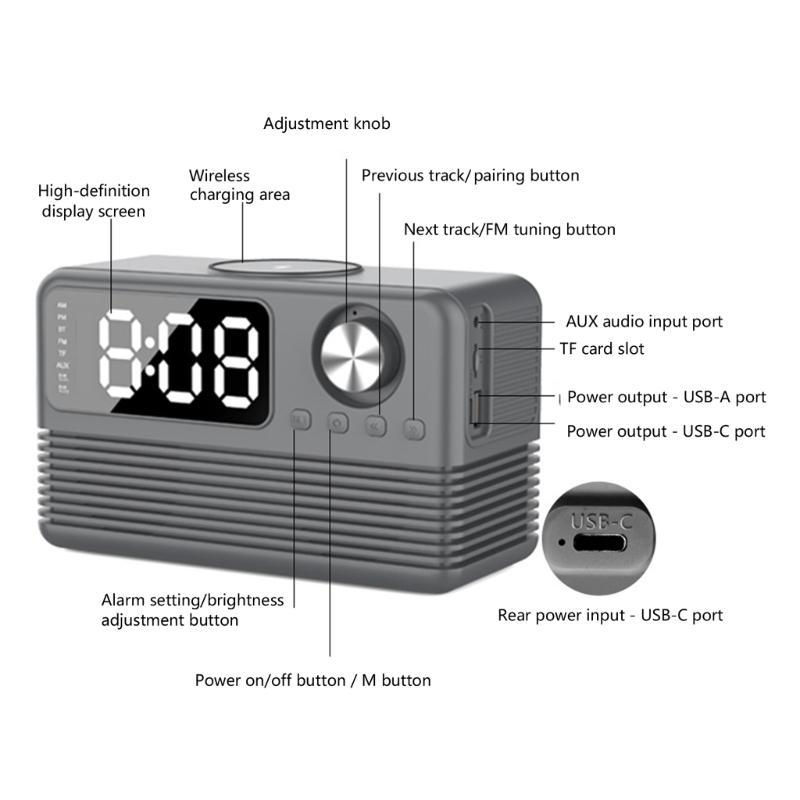 15W Wireless Charging Bluetooth-compatible Speaker with LED Mirror Clock Double Alarms Not Theft Designs Suitable for Home Office