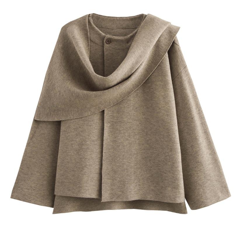 Women's Fashion Fall Winter Chic Scarf Jacket Long Sleeve Knitted Asymmetric Jacket Sexy Split Hem Loose Short Jacket