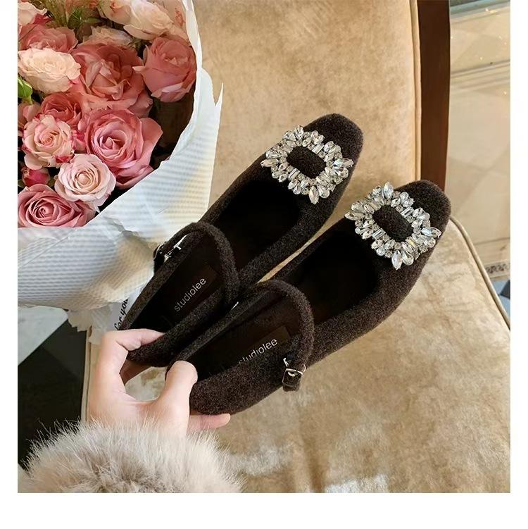 Cowhide Version~ Grape Mom Has the Same New Diamond Buckle with a Small Square Head with a Warm Thick Heel and Mary Jane Women's High-heeled Single