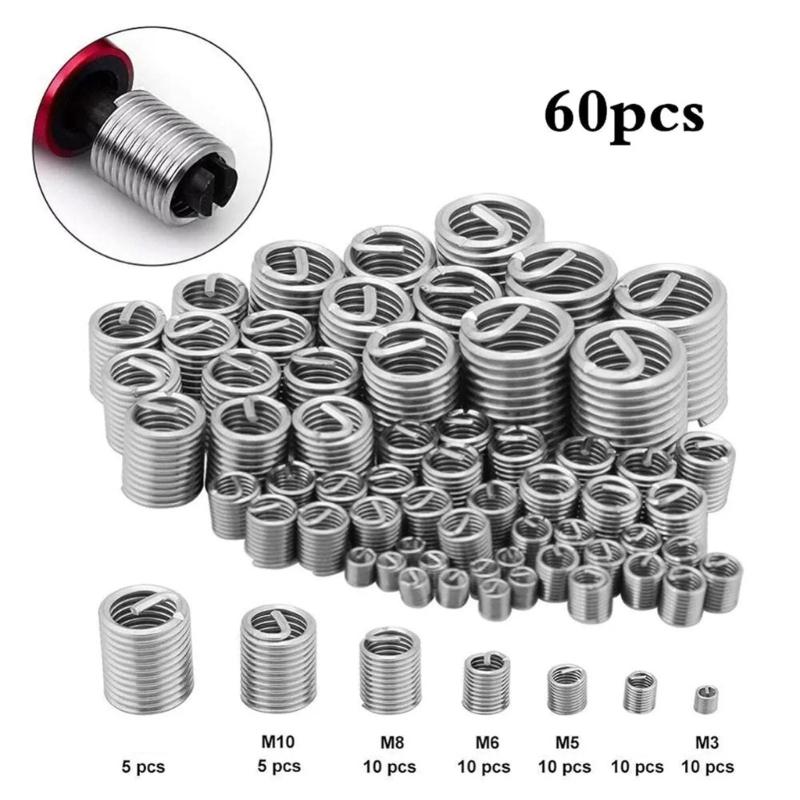 60Piece Steel Wire Thread Inserts Helical Coil Threaded Inserts Set 3mm To 12mm With AntiVibration Locking Mechanism