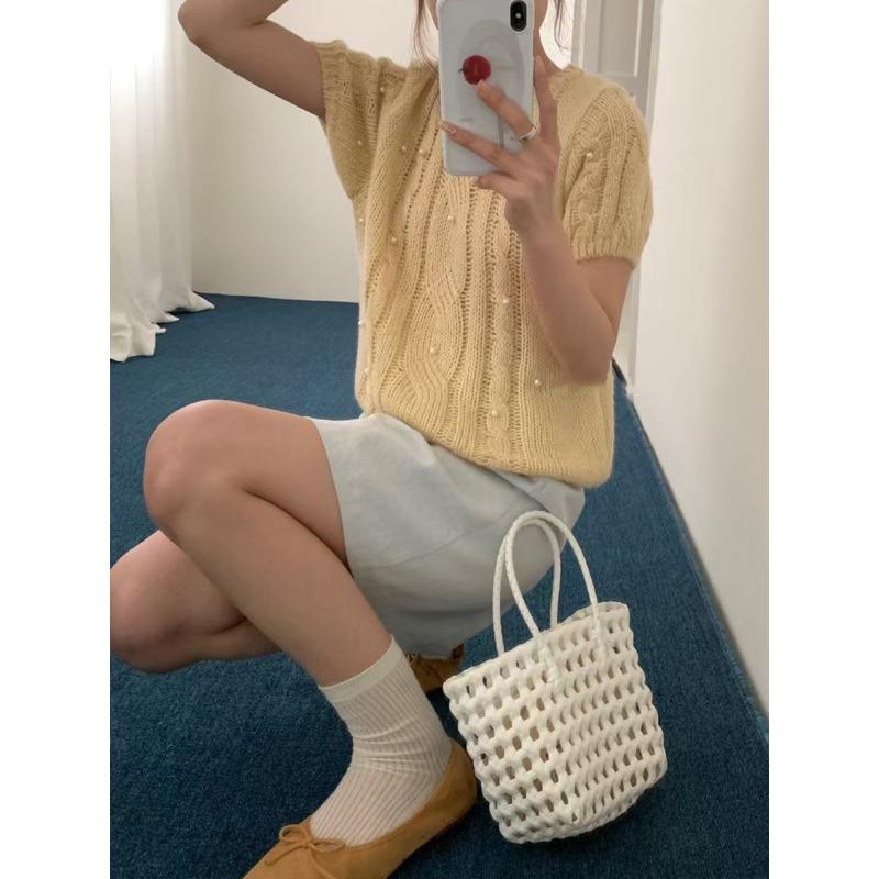 

Spring new bead twist short-sleeved knitted sweater top loose soft waxy round neck gentle wind T-shirt women one size fits all жёлтый