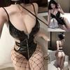 Women's Sexy Hollow Bandage Romper Open Bust Bodysuit Sleepwear Underwear Including Stockings