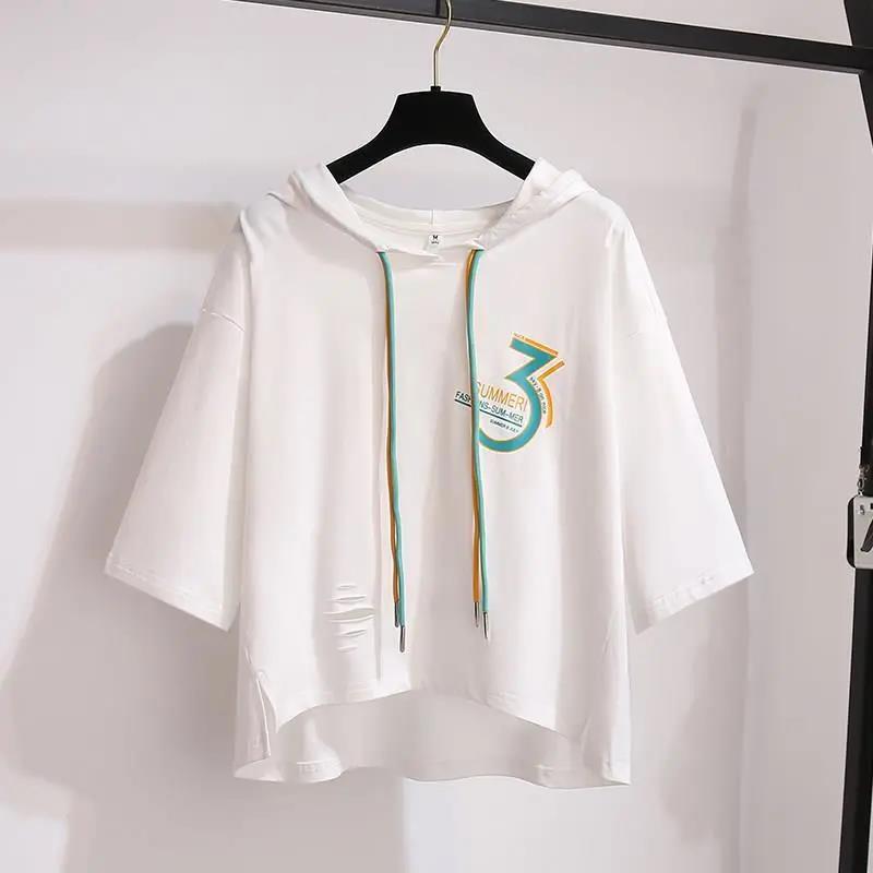 

Весенне-летняя футболка с капюшоном и рукавом четверть, женская новая корейская свободная короткая студенческая футболка со средним рукавом, модный топ M белый