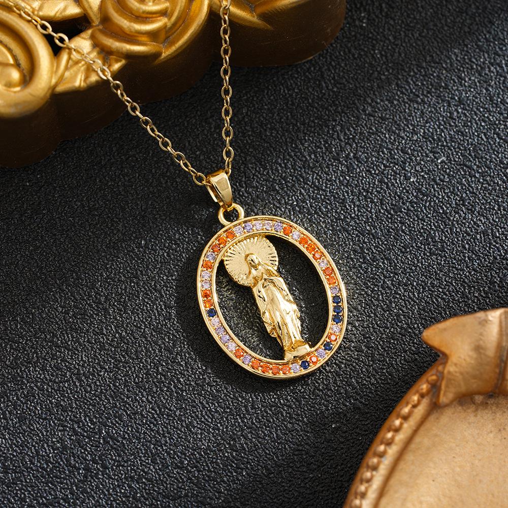 18K Gold Plated Virgin Mary Zircon Pendant Necklace Chain Jewelry Accessories