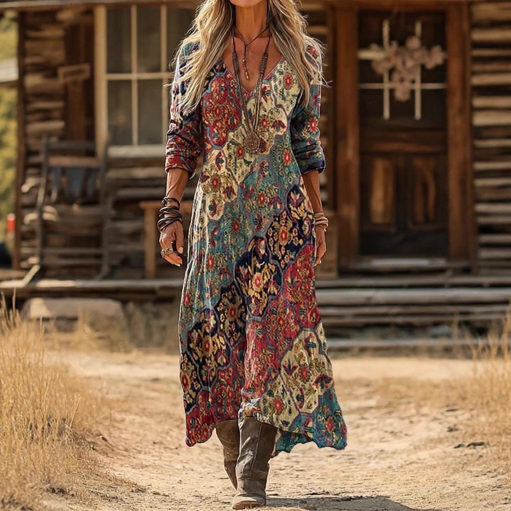 Damen Retro Blumenmuster Langarmkleid - Europäischer & Amerikanischer Stil