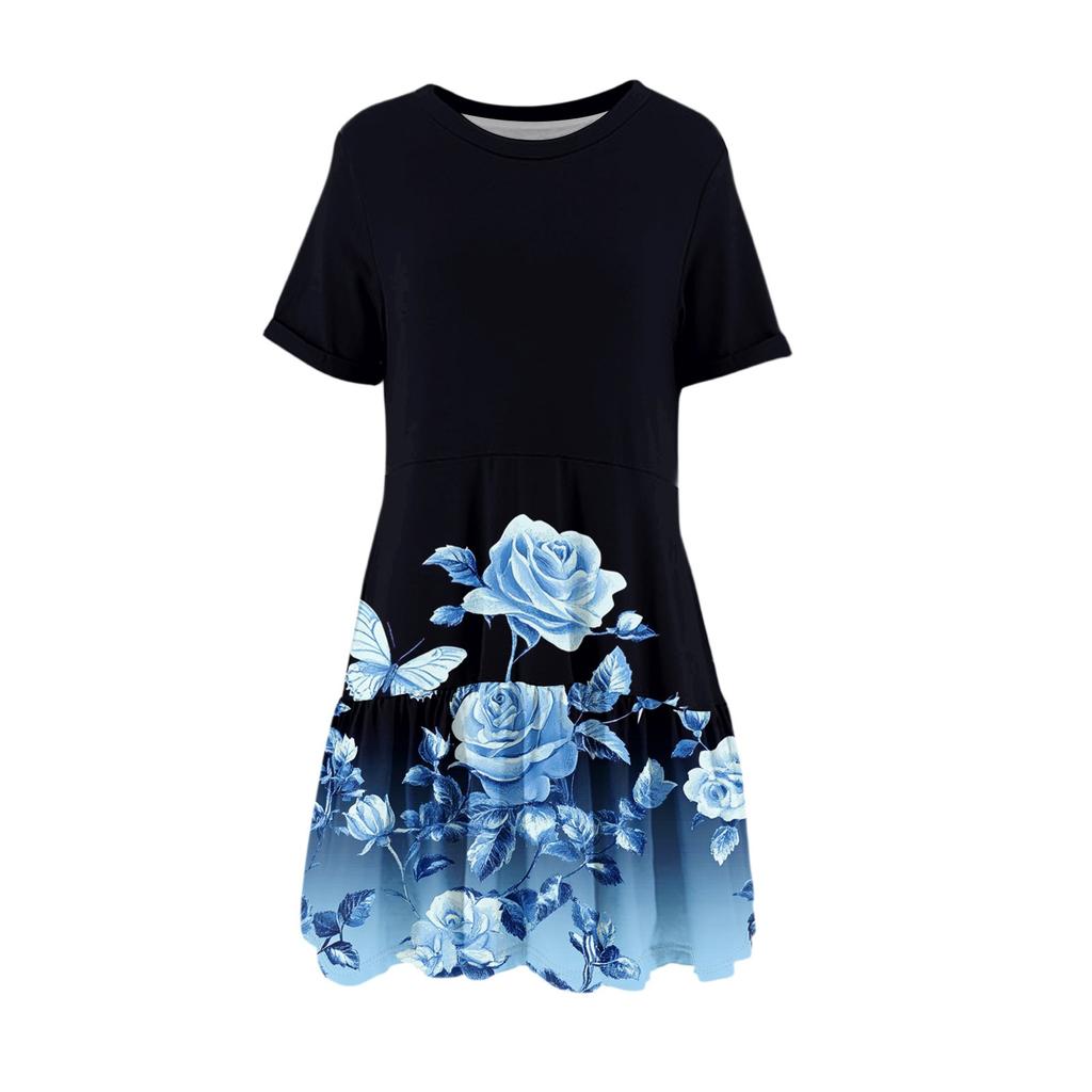 Women's Fashion Casual Round Neck Short Sleeve Ruffle Gradient Printed Dresses