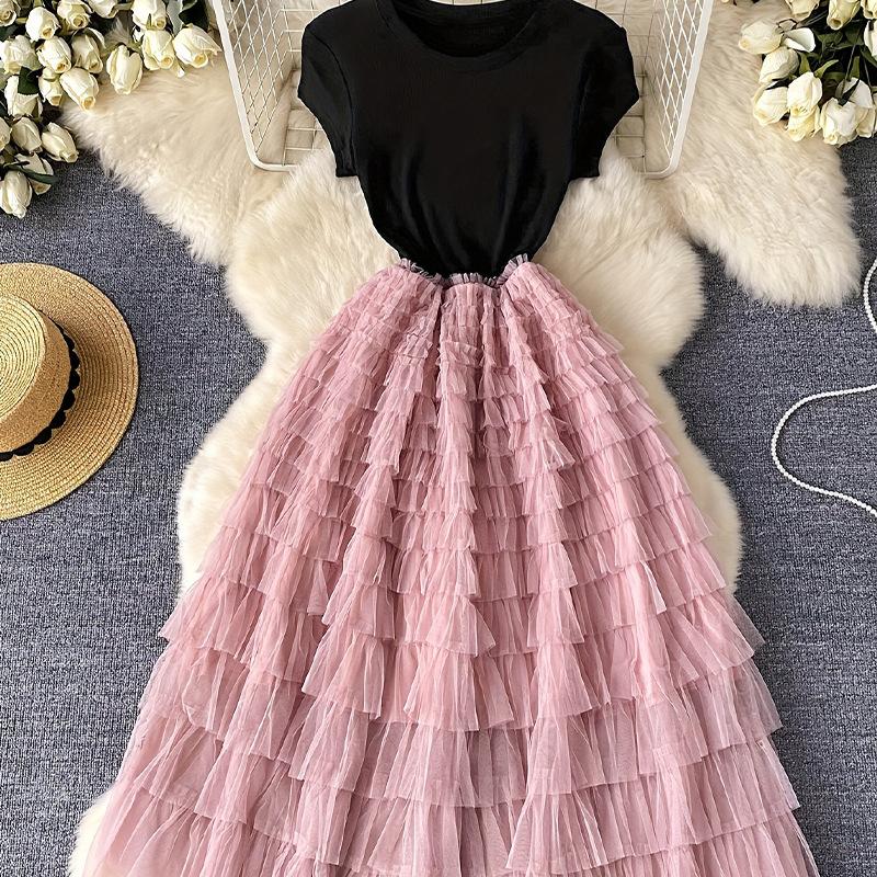 New dress spring and summer light luxury splicing mesh fairy long dress fake two pieces thin waist skirt
