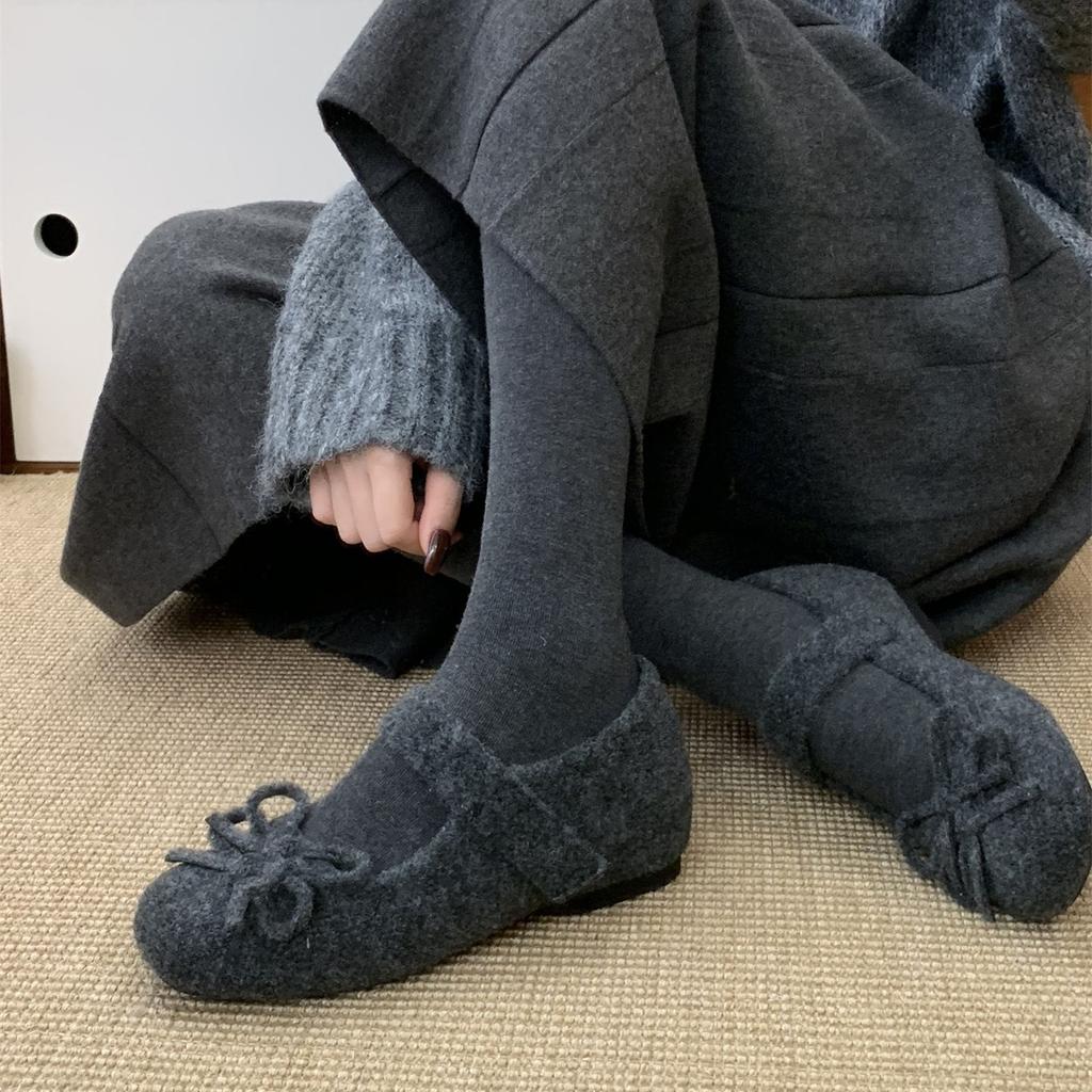 4CM Inner Height Increase~ Mary Jane Fluffy Shoes for Women In Winter, New Gray Woolen Single Shoes for Women's Thick-soled Velvet Cotton Shoes