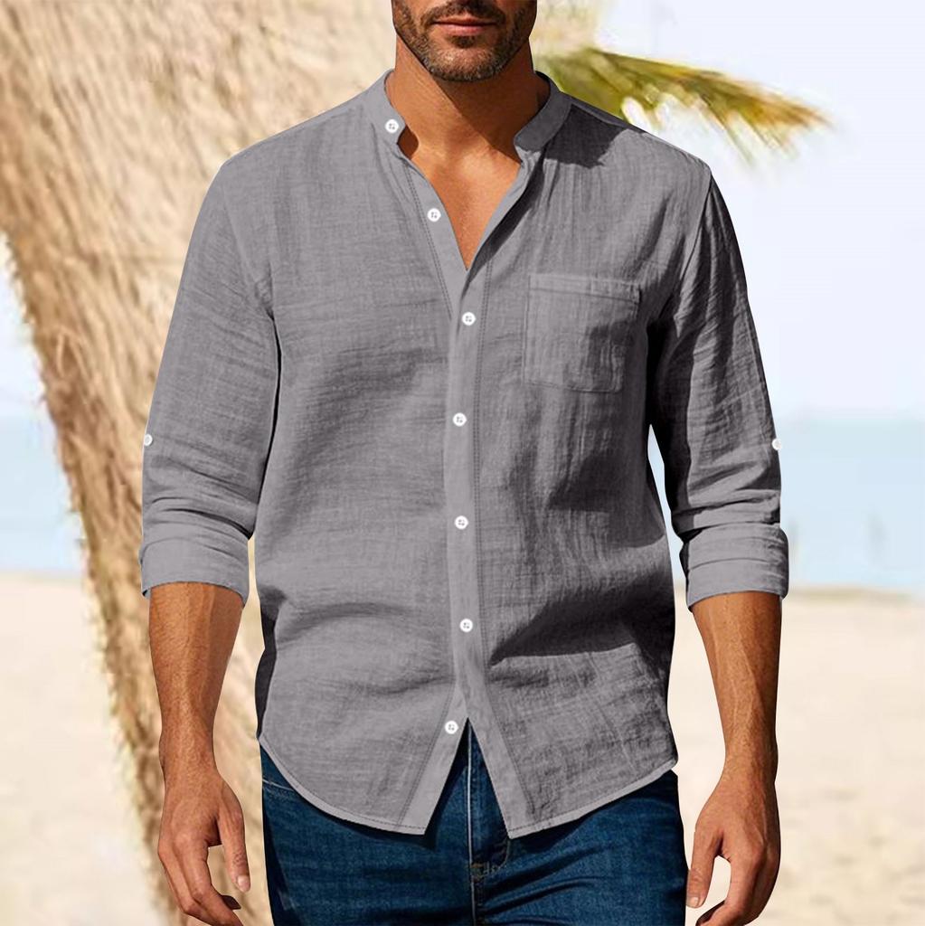Spring And Fall  Linen Men's Shirt Long Sleeve Breathable Casual Pocket Shirt