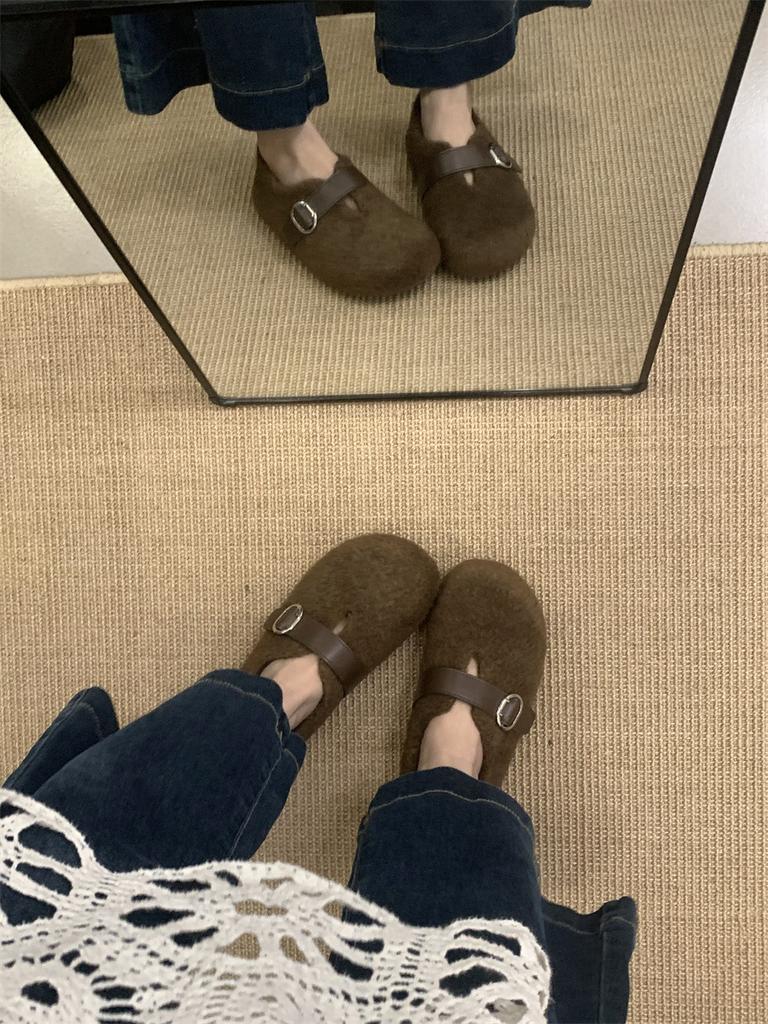 Ugly cute Birkenstock shoes children's velvet cotton shoes autumn and winter Mori round head belt buckle inner height-increasing Doudou shoes