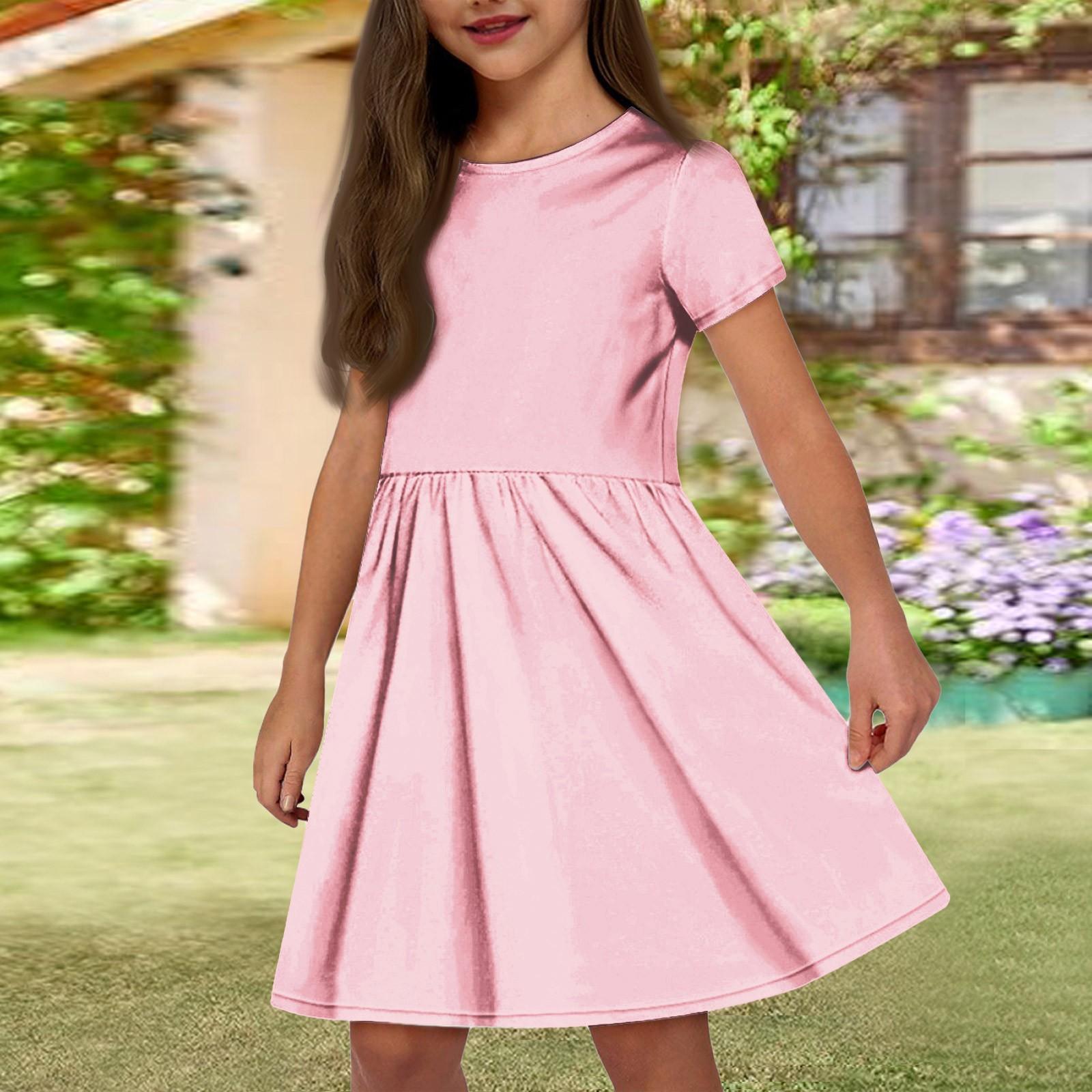 

Летнее платье для девочек, однотонное платье без рукавов с принтом и карманом, повседневное платье, вечернее платье с короткими рукавами 120 розовый