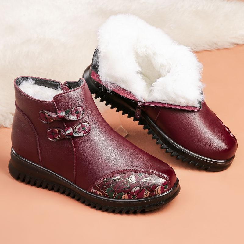 

Middle-aged and Elderly Women s Fashion Winter Warm Cotton Shoes Mom s Genuine Leather Fleece Lined Zipper Ankle Boots 42 красный