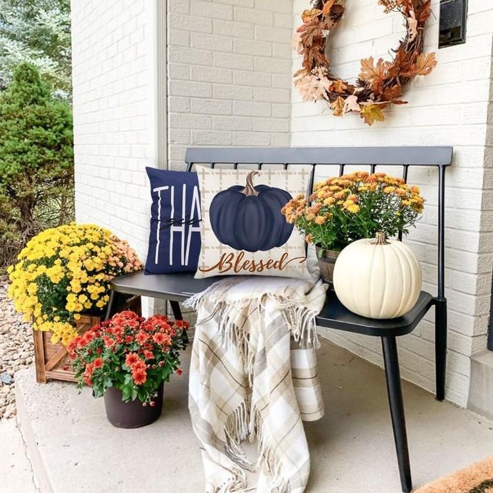 Halloween Pumpkin Decor Plaid Linen Throw Pillow Cover Living Room Sofa Lumbar Pillow Cushion