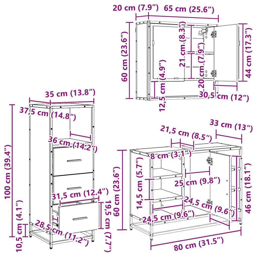 Bathroom Furniture Set 3 Pcs Black Oak Effect Particleboard