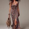 Style Retro Print Waist High Split Long Dress Slim and Thin Bohemian, Elastic Dress