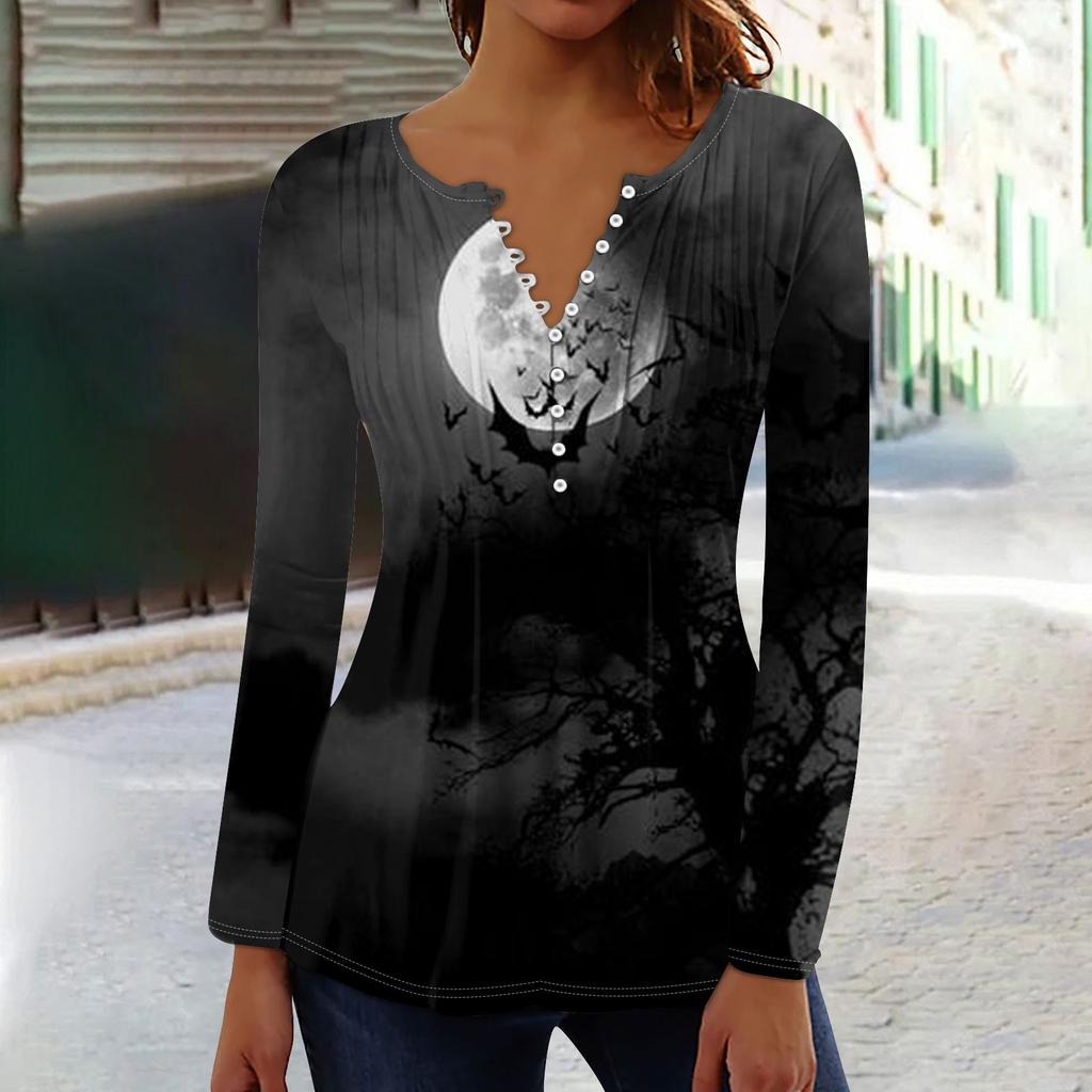Damen Frühling Herbst Plissiertes Hemd mit Knopfleiste Kragen Halloween Print Langarm Top