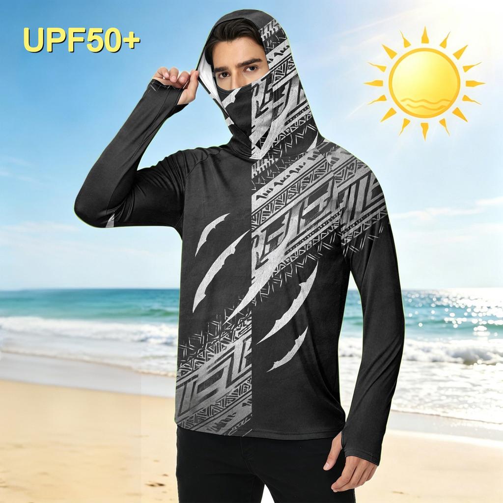 Men's Casual Outdoor Hoodie Long Sleeve Sun Protection Top Lightweight Breathable Striped Printed Hooded Shirt for Sports Hiking Fishing