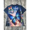 Blue Fantasy Women's Tee - Glowing Butterfly Graphic, Vibrant Iridescent Print Design for Casual Daily Wear