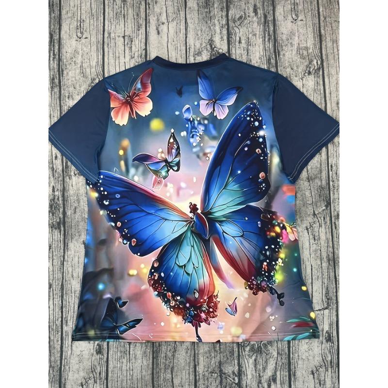 Blue Fantasy Women's Tee - Glowing Butterfly Graphic, Vibrant Iridescent Print Design for Casual Daily Wear