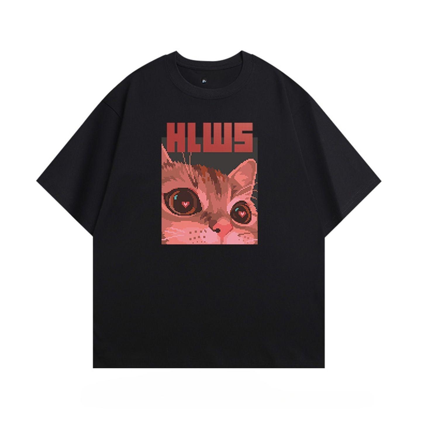 

Hailuowei Pixel Heart-shaped Eye Cat Summer Pure Cotton Men s Women s Versatile and Simple Style American Heavyweight Clothes 4XL